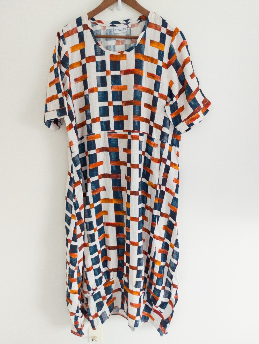 FOIL New Zealand 100% Linen Abstract Geometric Grid Shift Dress Size 12